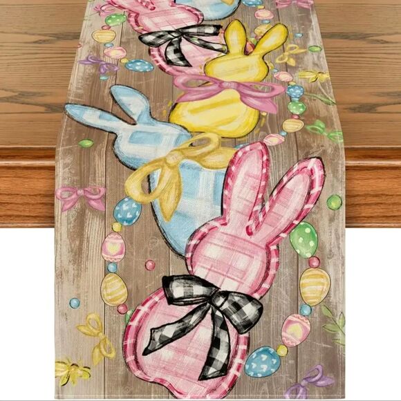 Festive Easter Decor Colorful Kitchen Easter Bunny & Egg Table Runner 13"x72" - Picture 1 of 3